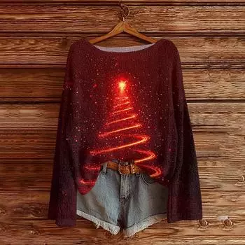 Женский легкий свитер с круглым вырезом, повседневный вязаный пуловер с длинным рукавом и рождественским принтом. XL винный