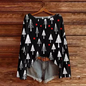 Женский легкий свитер с круглым вырезом, повседневный вязаный пуловер с длинным рукавом и рождественским принтом. S чёрный