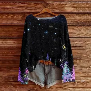 Женский легкий свитер с круглым вырезом, повседневный вязаный пуловер с длинным рукавом и рождественским принтом. S чёрный