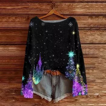 Женский легкий свитер с круглым вырезом, повседневный вязаный пуловер с длинным рукавом и рождественским принтом. L