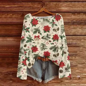 Женский легкий свитер с круглым вырезом, повседневный вязаный пуловер с длинным рукавом и рождественским принтом. L