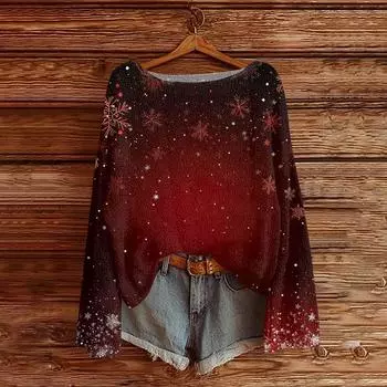 Женский легкий свитер с круглым вырезом, повседневный вязаный пуловер с длинным рукавом и рождественским принтом. L