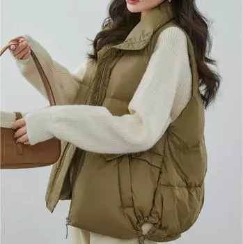 Женский легкий термобелье, свободный, без рукавов, белый утиный пух, жилет, карман, универсальный шикарный жилет с воротником-стойкой One Size чёрный