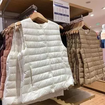Женский легкий жилет с круглым вырезом и V-образным вырезом, легкий жилет без воротника, подкладка из белого утиного пуха 90% для сохранения тепла S белый