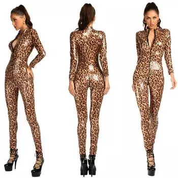 Женский леопардовый боди с мокрым эффектом, комбинезон из искусственной кожи, комбинезон на молнии с открытой промежностью, секс-костюмы любовницы M