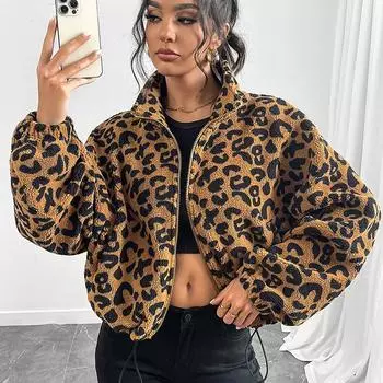Женский леопардовый принт свободный кардиган на молнии плюшевая одежда куртка топы женская повседневная одежда S коричневый