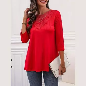 Женский летний элегантный кружевной свободный топ с длинным рукавом в стиле пэчворк S красный