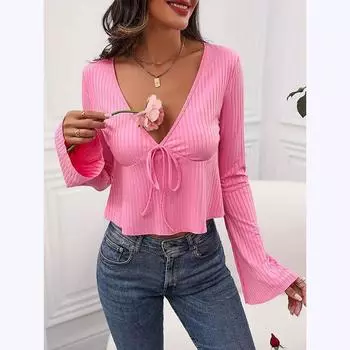 Женский летний элегантный трикотажный топ с V-образным вырезом и длинными рукавами S розовый