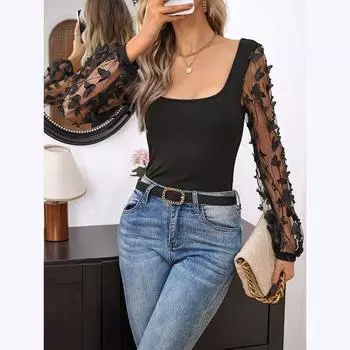 Женский летний элегантный вязаный сетчатый топ в стиле пэчворк с прозрачным квадратным вырезом S чёрный