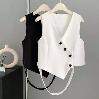 Женский летний асимметричный черный жилет-костюм без рукавов 2024 M