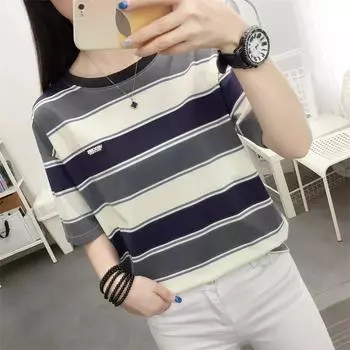 Женский летний этнический винтажный топ с короткими рукавами, полосатый круглый вырез, короткий рукав, большой размер, свободный пуловер 3XL