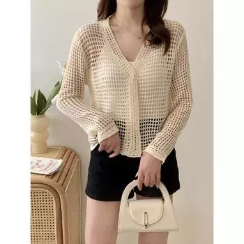 Женский летний ажурный тонкий вязаный кардиган one size белый