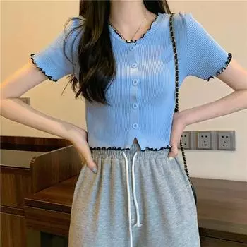 Женский летний белый вязаный кардиган с оборками и короткими рукавами, топ 2023 One Size