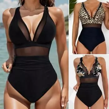 Женский летний цельный купальник, сексуальный купальник с глубоким v-образным вырезом и открытой спиной, сетчатое лоскутное цветное монокини, пляжная одежда XL