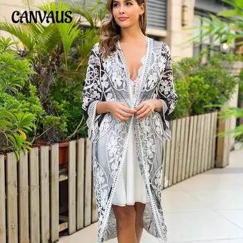 Женский летний длинный кардиган с кружевной вышивкой, прозрачное бикини, пляжные накидки One Size