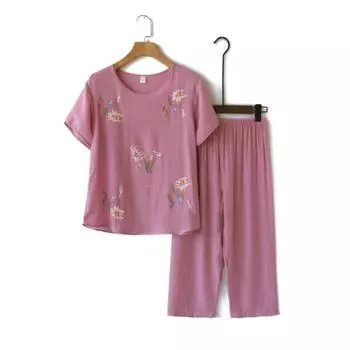 Женский летний домашний костюм для людей среднего и пожилого возраста, свободная футболка с короткими рукавами + брюки, костюм из двух частей 4XL розовый
