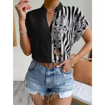 Женский летний двухцветный кардиган с цветочным принтом и пуговицами, рубашка с короткими рукавами, блузки и рубашки S белый
