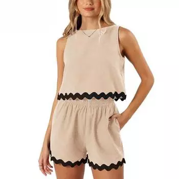 Женский летний двухкомпонентный льняной жилет с кружевной кромкой и круглым вырезом, топ и шорты S оранжевый