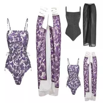 Женский летний французский винтажный купальник с принтом, сексуальная юбка с открытой спиной, женская пляжная юбка для горячих источников, купальник из двух предметов L фиолетовый
