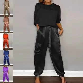 Женский летний гладкий атласный топ и брюки с короткими рукавами, комплект из двух предметов, весенний наряд с круглым вырезом на шнуровке, элегантный элегантный костюм для отдыха 5XL белый