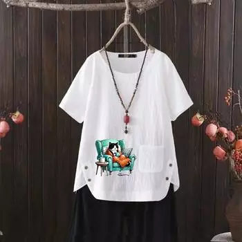 Женский летний хит продаж, стильная повседневная футболка с бесплатным графическим принтом, винтажная льняная рубашка с круглым вырезом, рубашка с короткими рукавами, топ s-4xl S белый