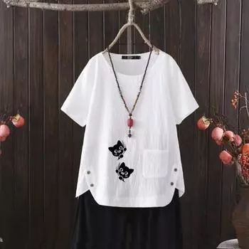 Женский летний хит продаж, стильная повседневная футболка с бесплатным графическим принтом, винтажная льняная рубашка с круглым вырезом, рубашка с короткими рукавами, топ s-4xl S белый