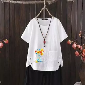 Женский летний хит продаж, стильная повседневная футболка с бесплатным графическим принтом, винтажная льняная рубашка с круглым вырезом, рубашка с короткими рукавами, топ s-4xl S белый