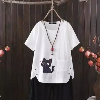 Женский летний хит продаж, стильная повседневная футболка с бесплатным графическим принтом, винтажная льняная рубашка с круглым вырезом, рубашка с короткими рукавами, топ s-4xl S белый