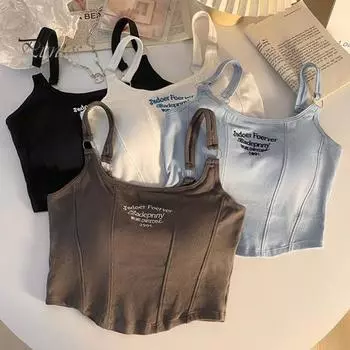 Женский летний камзол с мягкой подкладкой и вышивкой букв, эластичный однотонный однотонный топ без рукавов для клуба свиданий Prty, пляжный укороченный топ, женский жилет, бюстгальтер серый