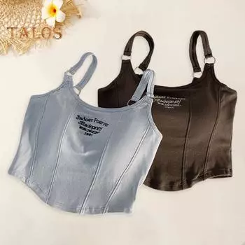 Женский летний камзол с мягкой подкладкой и вышивкой букв, эластичный однотонный однотонный топ без рукавов для клуба свиданий Prty, пляжный укороченный топ, женский жилет, бюстгальтер серый