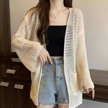 Женский летний кардиган ажурной вязки: Легкая, длинная, свободная шаль для кондиционирования воздуха, коллекция 2024 г. S 80-90 Jin темный кофе