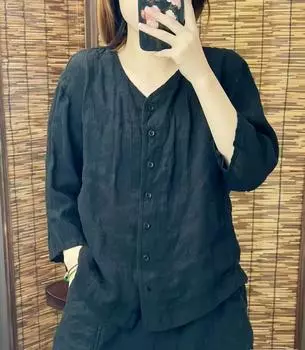 Женский летний кардиган из хлопка и льна, винтажный, свободный, повседневные рубашки, топы M чёрный