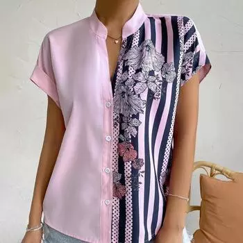 Женский летний кардиган на пуговицах с двойным лоскутным узором и цветочным принтом, рубашка с короткими рукавами XXL белый