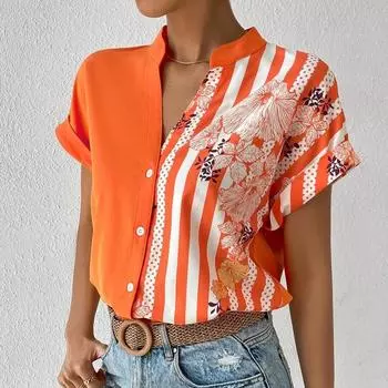 Женский летний кардиган с двойным контрастом и цветочными пуговицами, рубашка с короткими рукавами, красные повседневные модные рубашки с v-образным вырезом для женщин XXL белый