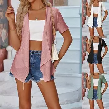 Женский летний кардиган с короткими рукавами и v-образным вырезом, мешковатая пляжная куртка-кимоно, верхняя одежда S чёрный