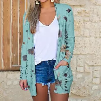 Женский летний кардиган с защитой от солнца, пляжная накидка с защитой от ультрафиолета и длинным рукавом, винтажный цветочный принт, накладные карманы, мягкая дышащая женская куртка средней длины 2XL серый