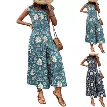 Женский летний комбинезон, элегантный сексуальный боди без рукавов, повседневные широкие брюки L синий