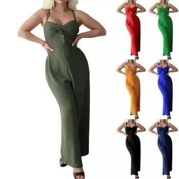 Женский летний комбинезон, элегантный сексуальный боди без рукавов, повседневные широкие брюки L армия зеленый