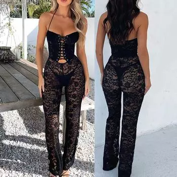 Женский летний комбинезон без рукавов с халтер-воротом и завязками спереди, кружевной комбинезон с брюками M