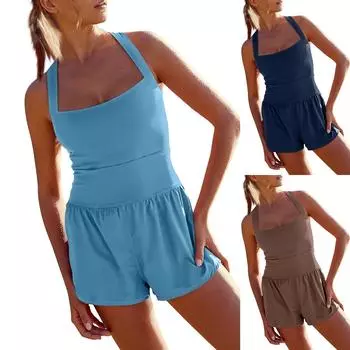 Женский летний комбинезон без рукавов с квадратным вырезом M чёрный