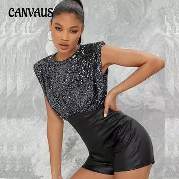 Женский летний комбинезон без рукавов с открытой спиной и пайетками, с высокой талией S чёрный