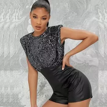 Женский летний комбинезон без рукавов с открытой спиной и пайетками, с высокой талией S чёрный