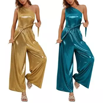 Женский летний комбинезон без рукавов с широкими штанинами, высокой талией и наклонными плечами L синий