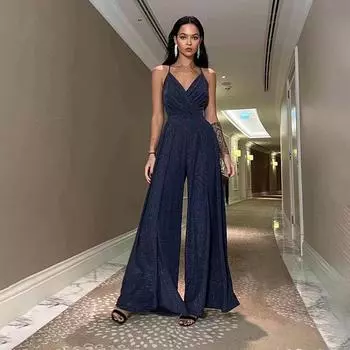 Женский летний комбинезон без рукавов с V-образным вырезом и открытой спиной, с широкими штанинами S синий