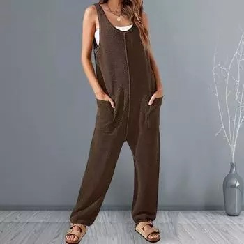 Женский летний комбинезон без рукавов, свободный однотонный комбинезон с двойными карманами и v-образным вырезом, с глубоким промежутком, мягкий повседневный женский комбинезон до щиколотки S чёрный