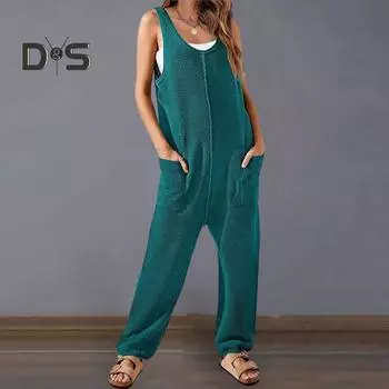 Женский летний комбинезон без рукавов, свободный однотонный комбинезон с двойными карманами и v-образным вырезом, с глубоким промежутком, мягкий повседневный женский комбинезон до щиколотки S чёрный