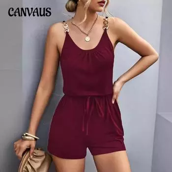 Женский летний комбинезон, модные плиссированные металлические подтяжки, цельные шорты S чёрный