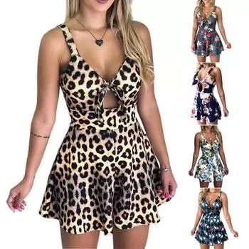 Женский летний комбинезон с цветочным принтом без рукавов и V-образным вырезом с бантом, сексуальный винтажный комбинезон S чёрный/белый