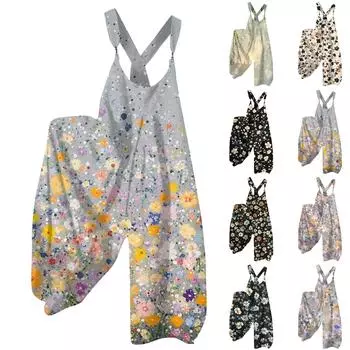 Женский летний комбинезон с цветочным принтом в винтажном стиле (Нерегулируемые ремни) L бежевый