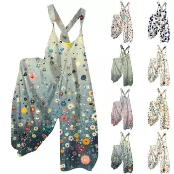 Женский летний комбинезон с цветочным принтом в винтажном стиле (Нерегулируемые ремни) L армия зеленый